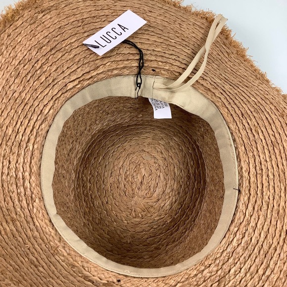 Lucca Raffia Natural Wide Rim Hat with Black band Adjustable Size NEW - Picture 6 of 11
